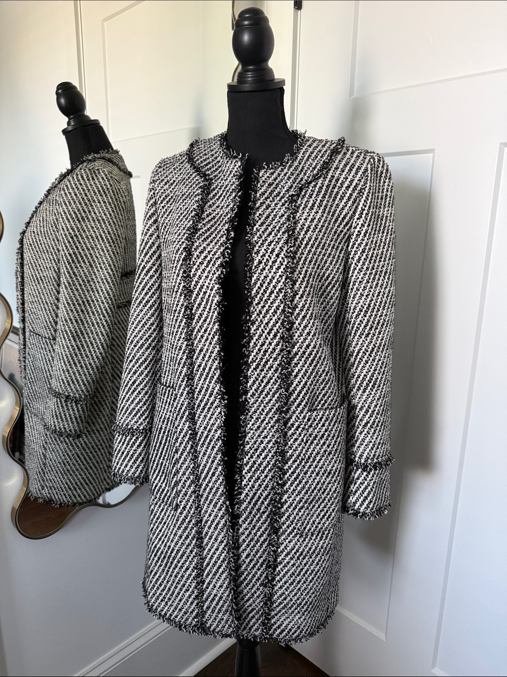 Ann Taylor Black and White Tweed Open-Front Coat